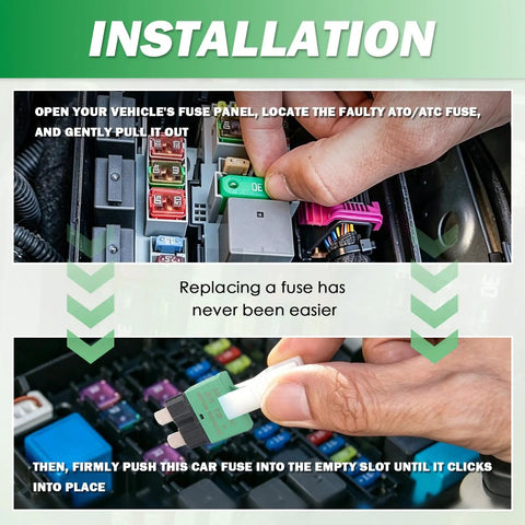 Hands installing Hardcore 30A Manual Reset Fuse Mini Circuit Breaker DC 12V-32V in a vehicle fuse panel for easy replacement.