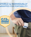 Person holding BZK Antiseptic Towelettes Sterile Alcohol Free Fragrance Free Gentle Clean For Minor Wounds No Fuss 5 By 7 Inch Towelettes Individually Wrapped In 2 By 2 Pouches Case Of 10 Boxes, 100 Towelettes Each in pocket