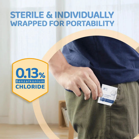Person holding BZK Antiseptic Towelettes Sterile Alcohol Free Fragrance Free Gentle Clean For Minor Wounds No Fuss 5 By 7 Inch Towelettes Individually Wrapped In 2 By 2 Pouches Case Of 10 Boxes, 100 Towelettes Each in pocket