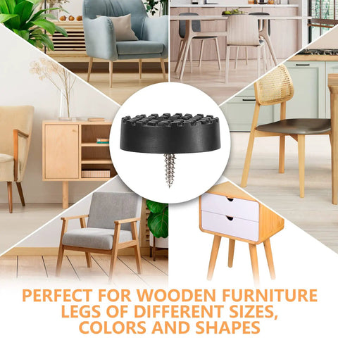 Heavy Duty Screw On Furniture Rubber Feet 32 Pack Anti Slip Floor Protectors for Chair Legs with various chair styles in background