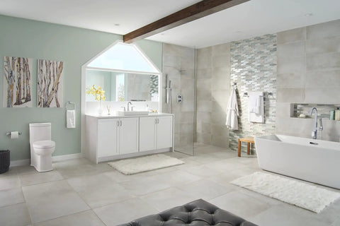 Modern bathroom with Townsend 24 Inch Double Towel Bar In Brushed Nickel Built From Durable Brass and sleek white fixtures.