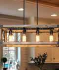 5 Light Rustic Farmhouse Linear Chandelier For Kitchen Island And Dining Room 27 Inch Wood And Metal Pendant Light Over Table