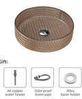 Bathroom Vessel Sink Crystal Glass Vessel Bowl Sink Light Brown Round Vessel Sink with basin holder and drain components.