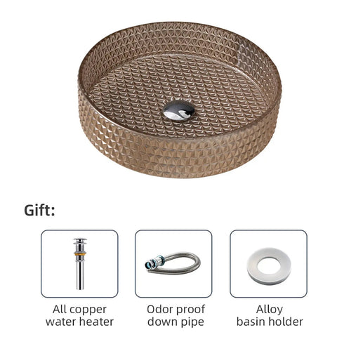 Bathroom Vessel Sink Crystal Glass Vessel Bowl Sink Light Brown Round Vessel Sink with basin holder and drain components.