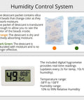 Image of humidity control system with desiccant packets, color indicators, and digital hygrometer showing temperature and humidity readings.