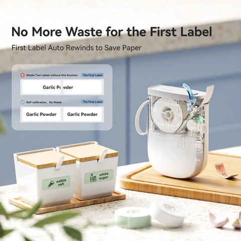 Compact Thermal Label Printer 300DPI High Resolution Portable Label Maker With Adhesive Tape Rolls for labeling spices in kitchen.