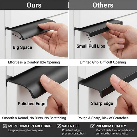 Comparison of 6 Pack 3 Inch Self Adhesive Cabinet Handles Pulls Matte Black Aluminum Alloy vs sharp edge cabinet pulls