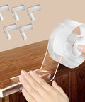Ultra Clear Baby Proofing Kit With 16 Feet Soft Edge Guards and Six Built Tough Corner Pads for Furniture Cabinets Walls and Doors that Keeps Lil Crew Secure Around the House Without Ugly Covers, shown with edge guard and corner pads.