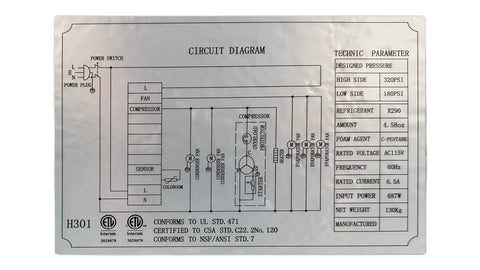 Rugged Build 72 Inch Chef Base Commercial Refrigerator schematic showing circuit diagram and technical parameters for operation.