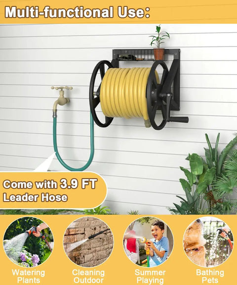 Triangle Wall Mounted Garden Hose Reel System Heavy Duty Outdoor Hose Holder And Winder with leader hose and basket on wall.