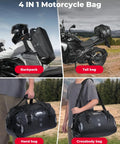 Waterproof Motorcycle Dry Bag Tail Pack Duffle Luggage 25L 40L 65L with backpack, tail, hand, and crossbody bag modes.