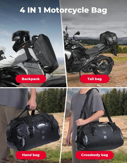 Waterproof Motorcycle Dry Bag Tail Pack Duffle Luggage 25L 40L 65L with backpack, tail, hand, and crossbody bag modes.