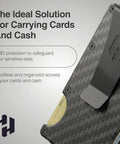 Slim RFID Blocking Metal Wallet For Men With Money Clip Minimalist Front Pocket Card Holder, close-up showing carbon fiber texture.