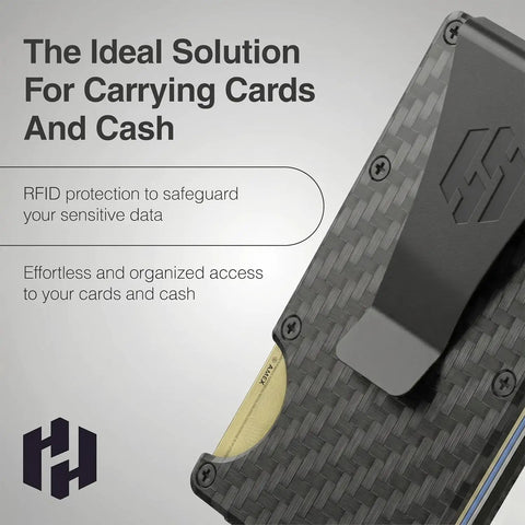 Slim RFID Blocking Metal Wallet For Men With Money Clip Minimalist Front Pocket Card Holder, close-up showing carbon fiber texture.