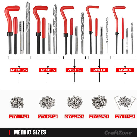 Metric sizes of Gearhead Friendly Thread Repair Kit For Auto Shop Use With Universal SAE And Metric Inserts Includes Drill Bits Taps And Tools