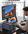 Person editing on laptop next to Ultimate 4 Bay Hybrid Raid Enclosure For 3.5 And 2.5 Inch Sata Drives Plus Dual Nvme Ssd Bays Usb4 Thunderbolt 5 Ready Plug And Play Desktop Dock.