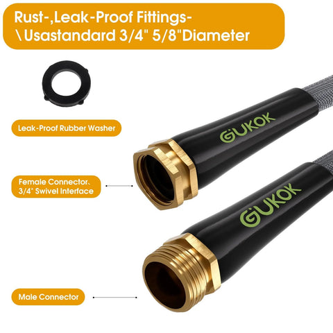 Front view: two GUKOK garden hoses with brass swivel fittings; black hoses with green logo and metal connectors.