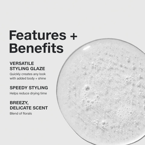 Super Sculpt Styling Glaze With Flexible Hold And Quick Drying Shine For All Hair Types Adds Body Provides Lasting Memory And High Gloss Finish For Effortless Studio Quality Styles Every Day features and benefits text with close-up of product texture