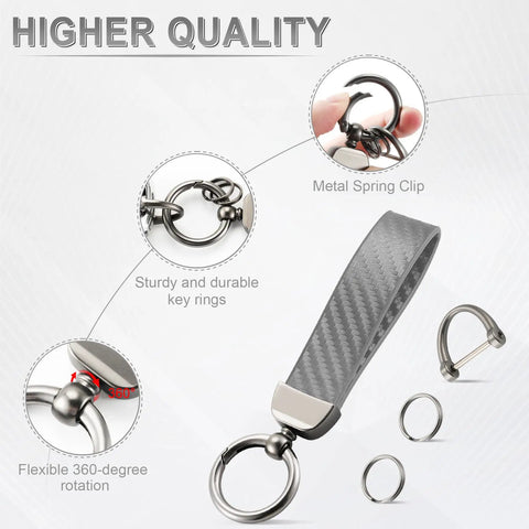 Premium Genuine Leather Car Keychain Featuring Slick Carbon Fiber Wrap And Anti Lost D Ring Built On Solid Zinc Alloy Base With Dual Split Rings For Everyday Ride Gear In Sharp Grey Finish showcasing metal spring clip and key rings.