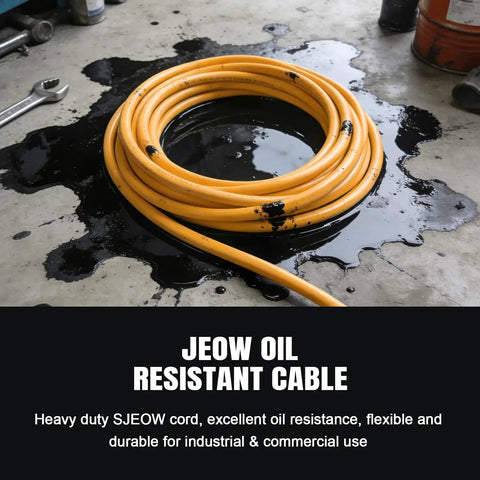 15 Foot Yellow Heavy Duty Extension Cord Built Like A Tank For Rugged Outdoor Work Sites Featuring 14 Gauge Pure Copper Conductors Alongside Six Grounded Receptacles Shrouded In All Weather Sjeow Rubber Sheath With Led Bulb coiled in oil on a garage floor.