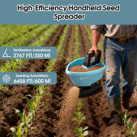 Handheld Electric Seed Spreader For Lawns Cordless 3L Capacity With 7.2V Battery 135 Degree Spread Angle in use on a farm