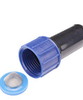 Black compression swivel hose adaptor with blue nut and washer; includes metal mesh screen.