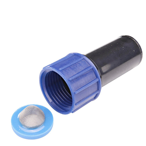 Black compression swivel hose adaptor with blue nut and washer; includes metal mesh screen.