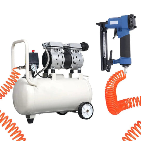 Rock Solid 22 Gauge Pneumatic Air Brad Nailer featuring a tough split body build and ergonomic handle with a compressor.