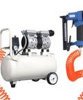 Dead Smooth Anti Jam Air Brad Nailer and Lightweight Pneumatic Stapler with air compressor and hose for woodworking.