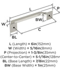 Dimensions diagram of Satin Nickel Exceed Transitional Cabinet Pull Five And One Sixteenth Inch Center To Center With Six Inch Overall Length