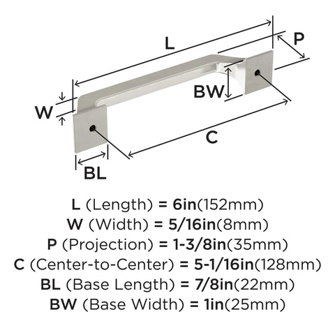 Dimensions diagram of Satin Nickel Exceed Transitional Cabinet Pull Five And One Sixteenth Inch Center To Center With Six Inch Overall Length