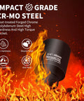 Half Inch Drive Deep Impact Socket Set, 20-Piece Metric Socket Kit From 10mm To 24mm With 3, 5, And 10 Inch Extension Bars, Chrome Molybdenum Steel With Black Phosphate Coating, Heavy Duty Impact Grade featuring 3/4-inch 46mm socket with fire background highlighting impact grade CR-MO steel's durability qualities.
