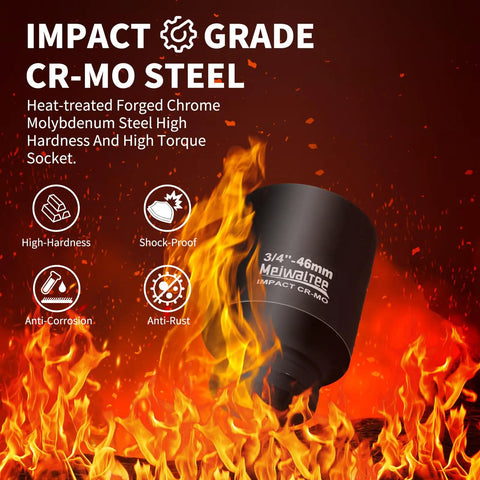 Half Inch Drive Deep Impact Socket Set, 20-Piece Metric Socket Kit From 10mm To 24mm With 3, 5, And 10 Inch Extension Bars, Chrome Molybdenum Steel With Black Phosphate Coating, Heavy Duty Impact Grade featuring 3/4-inch 46mm socket with fire background highlighting impact grade CR-MO steel's durability qualities.