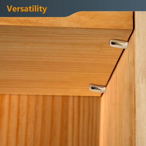 Rock Solid 1/4 Inch Spoon Shelf Pins 200 Pack Premium Stainless Steel Nickel Plated Pegs installed in wooden shelf.
