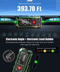 Pro Grade Dual Laser Measuring Tool ZC SG60 with Green Laser 393 Feet Bidirectional Range 196 Feet Unidirectional One Sixteenth Inch Accuracy Readings Time Saving Distance Meter for DIY Construction and Contract Jobs. angled view with 45-degree tilt display