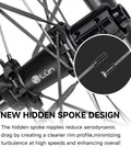Details of Hyper 5 Road Bike Carbon Spoke Wheelset 700C Ultralight Disc Brake with hidden spoke design and hub close-up.