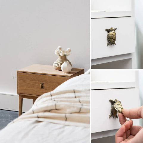 Hidden Turtle Knobs Four Pack With Screws Nautical Beach Theme Drawer Pulls Bronze Finish installed on furniture