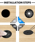 Installation steps showing Kick Your Cable Chaos To The Curb With These Petal Shaped Nylon Grommets and Wire Hole Covers.