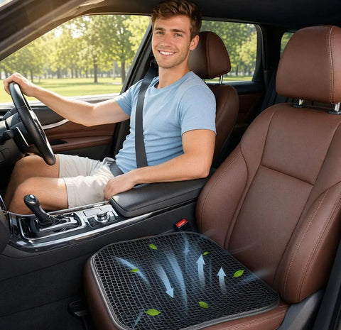 Man sitting in a car with Summer Cooling Ventilated Mesh Seat Cushion Pad For Cars And Trucks Breathable Seat Cover on passenger seat
