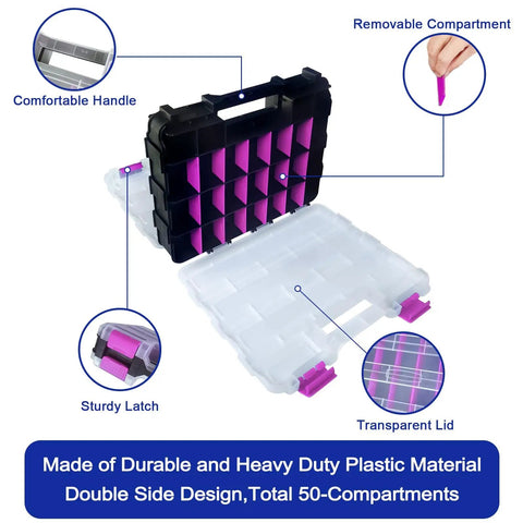 Purple 50-Compartment Double-Sided Tools Organizer Box With Removable Dividers, transparent lid, and handle visible