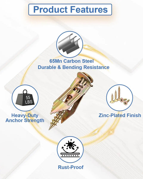Heavy Duty Gold Self Drilling Drywall Anchors With Screws 160 Piece Kit includes 65Mn carbon steel features for durability.