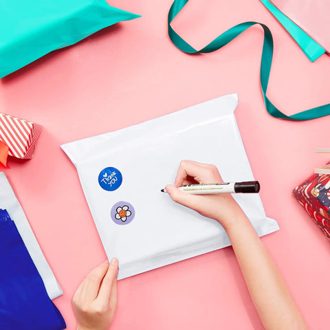 Person decorating white poly mailer with stickers. Bulk Pack Of 400 Poly Mailers 14.5x19 Inches Self Sealing Waterproof Heavy Duty Shipping Bags