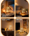 Best Friend 3D Illusion Lamp Night Light With Warm White Glow displayed in various home settings with wooden base