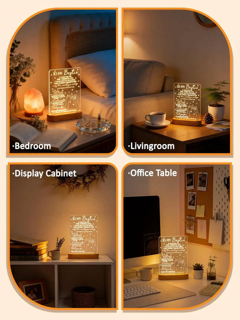 Best Friend 3D Illusion Lamp Night Light With Warm White Glow displayed in various home settings with wooden base