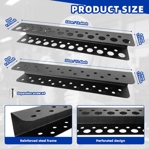 Product size image showing 2 Pack Wall Mounted Screwdriver Organizer Set For Garage And Workshop Heavy Duty Rustproof Aluminum Tool Racks Durable Design Space Saving Storage For Home Workbench.