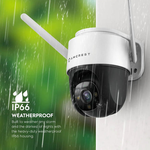 4MP Outdoor PT WiFi Security Cam With Pan Tilt And 16x Digital Zoom Ultra HD NightColor, mounted outside in rain, IP66 weatherproof housing