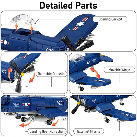 Detailed parts of WW2 Military Airplane Building Kit Featuring F4U Corsair Fighter Jet Model Set with 562 Pieces for teens