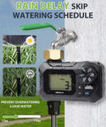 Programmable Garden Hose Water Timer for Outdoor Irrigation with brass connector, rain delay feature, and digital display.