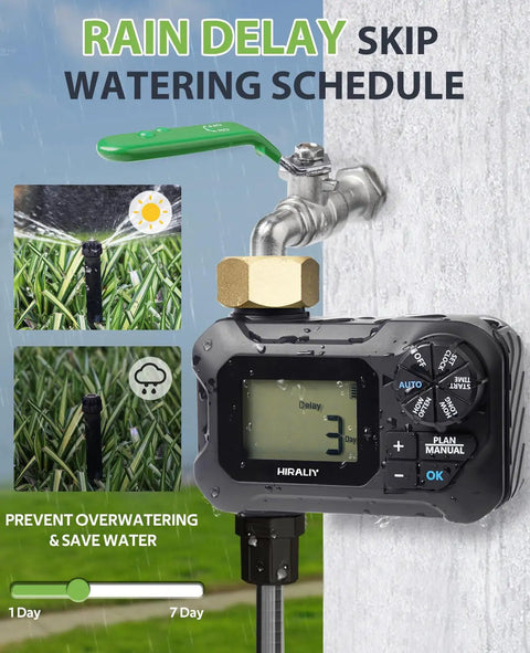 Programmable Garden Hose Water Timer for Outdoor Irrigation with brass connector, rain delay feature, and digital display.