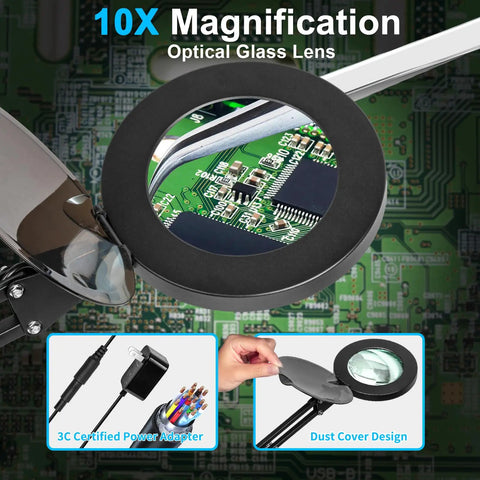 LED Magnifier Lamp With Stand And Dimmer Button 3 Color Modes Stepless Dimmable 10X Loupe showing circuit board